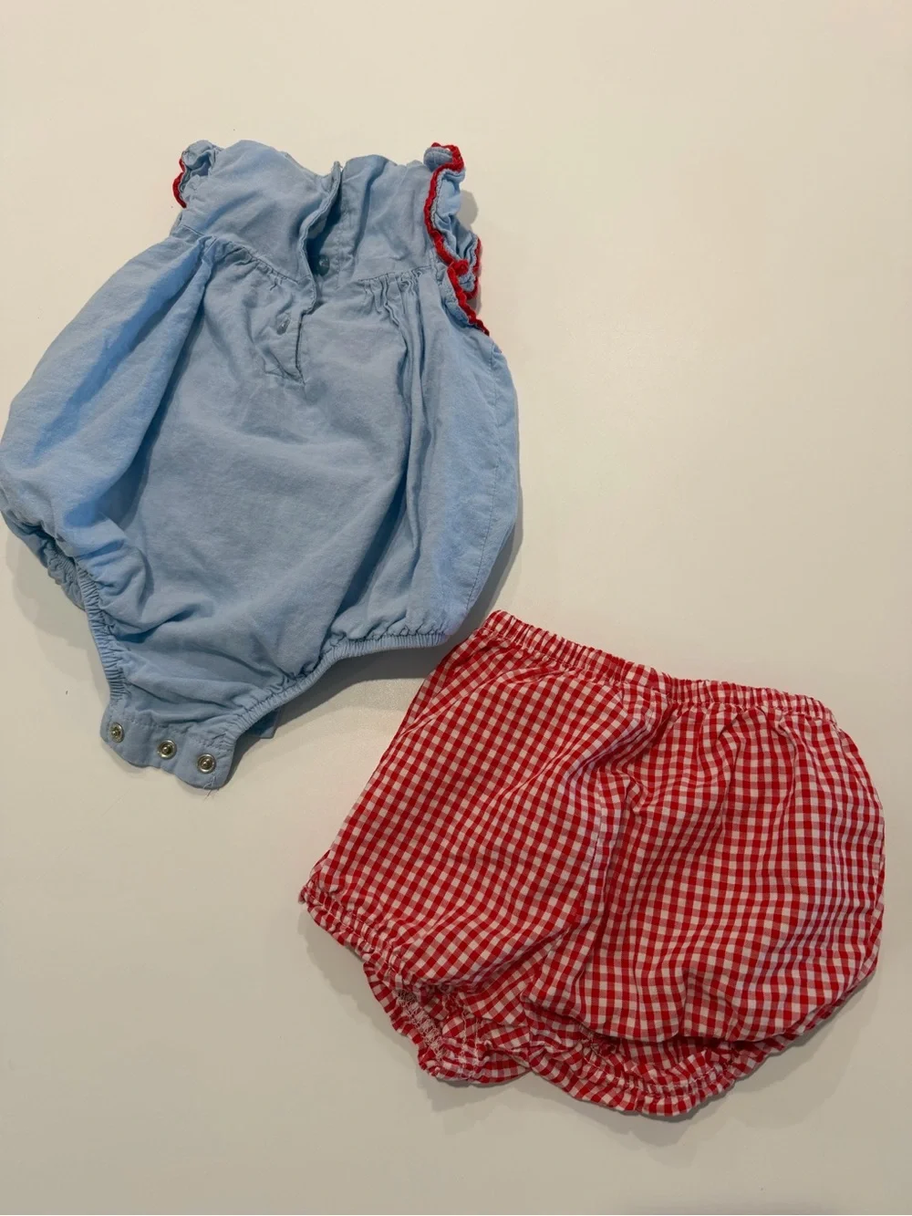Little Me Light Blue Embroidered Floral Romper with Red Gingham Bloomers Size 6M